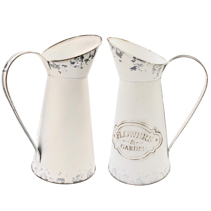 Soyizom Farmhouse White Metal Jugs for Shabby Chic Kitchen Decor, Tall Pitchers for Flowers, Rustic Bathroom Vases - Large, 11 H - Image 4